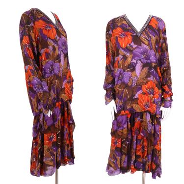 70s JUDITH ANN silk chiffon dress  / vintage 1970s creations floral sequins peasant dress S-L 