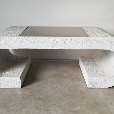 Postmodern Plastered Wood and Glass Top Waterfall Coffee Table 