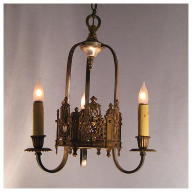 A4882 Antique Cast Bronze Three Candle Ceiling Chandelier Light Fixture 