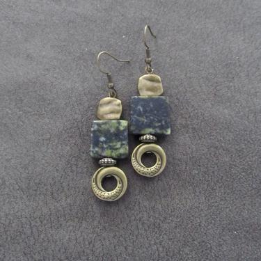 Green stone and brass modern earrings, unique ethnic earrings, mid century, tribal earrings, minimalist geometric earrings, serpentine 3 