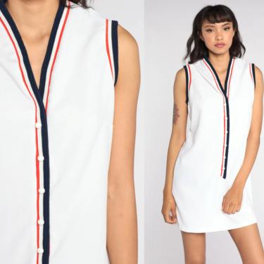 Mod Shift Dress White 60s Tennis Dress 60s Mini Dress Striped Red Blue Vintage 70s Button Up Minidress Twiggy Space Age Sleeveless Medium 