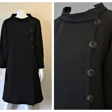 Vintage 50s 1960s 60's Black I. Magnin California Classic Tailored Ribbed Wool Mod Minimalist Evening Coat // US 6 8 small med 