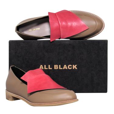 All Black - Tan & Watermelon Pink Flap Design "Flatbow" Leather Loafers Sz 10