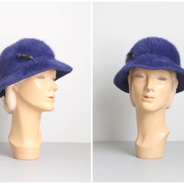 cobalt blue Kangol furgora hat - angora furgora bucket hat / Miriam bucket hat - vintage 80s ladies Kangol hat / feather trim hat 