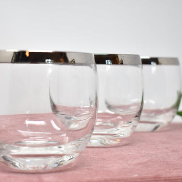 3x Vintage Roly Poly Glasses | Set of 3 Platinum/Chrome-Tone Glass Old Fashioned Cups | Trio | Mad Men Mid-Century Low Tumblers Barware Gift 
