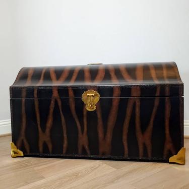 Large Vintage Lineage Home Furnishings Faux Tiger Stripe Pattern Leather Covered Cedar Trunk Blanket Chest 