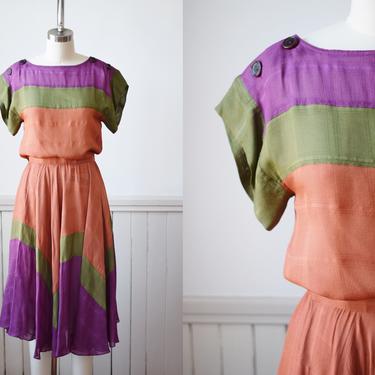 Vintage 1980s Colorblock Silk Dress Set | XS | wounded bird | 80s Boxy Cropped Silk Top and Full Sweep Skirt with Pockets 