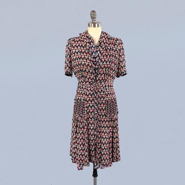 1930s 40s Dress Set / 30s Clover Print Dress and Jacket / Ruched Pockets / Two Piece Set 