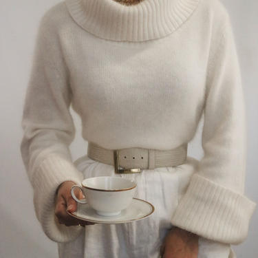 Vintage Angora Sweater - Softest + Coziest Relaxed Funnel Neck + Balloon Sleeve Turtleneck Sweater 