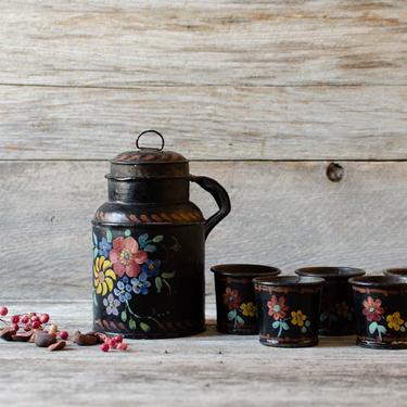 Antique Tole Toleware Canister Tea Caddy w/ Lid and Five Cups with Hand Painted Flowers - Set of 6 