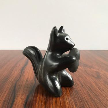 Vintage Santa Clara Pueblo Black Pottery Squirrel & Nut Figurine 