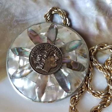 Vintage Albacore shell pendant with Greek coin designed and reworked by Amanda Alarcon-Hunter for Minx and Onyx Vintage 