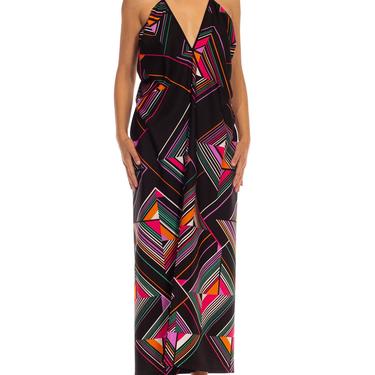 MORPHEW COLLECTION Black &amp; Multi Geometric Poly Made From Vintage 70'S Fabric Beach Dress 