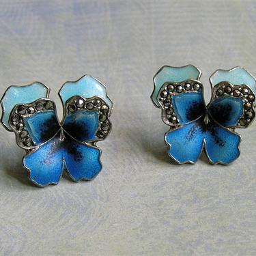 Vintage Sterling Marcasite and Enamel Pansy Earrings, Sterling Germany Enamel Earrings, Sterling Marcasite Pansy Pierced Earrings (#3848) 