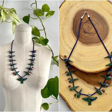HUMMINGBIRD CHARM Hand Carved Fetish Necklace | Bird Fetishes Lapis, Malachite, Spiny Oyster | Southwestern Native American Indian Jewelry 