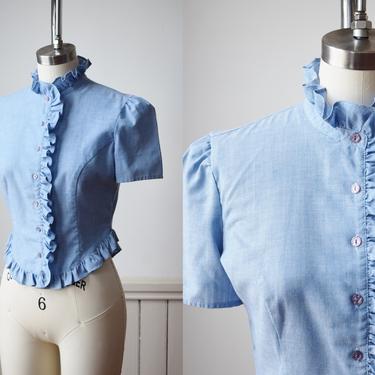 1970s Chambray Ruffle Blouse | XS/S | Vintage 70s Blue Top with Ruffle Collar and Hem | Victoriana | Puff Sleeves 