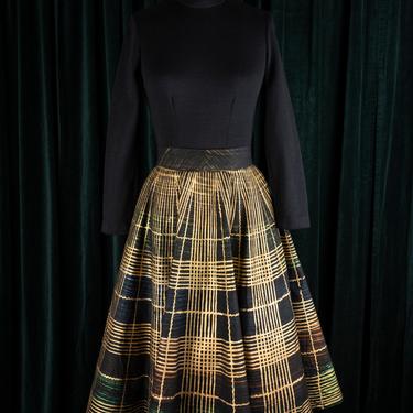 Spectacular Vintage 1950s Metallic Hand-painted Black Cotton Lavable Mexican Wrap Circle Skirt with Rare Pattern 