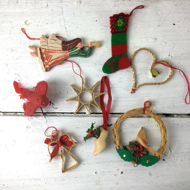 Bohemian Christmas ornaments - set of 8 - vintage wood, straw, knits 