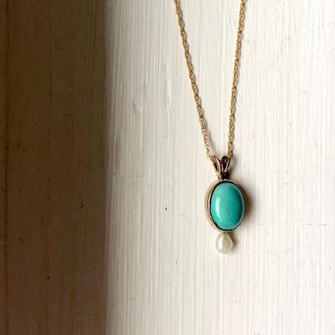 14k yellow gold turquoise and pearl handmade small pendant 