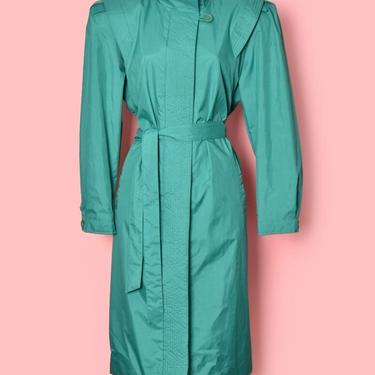 1980's Green Trenchcoat Vintage Coat, Long, New Wave, 1970's, Jacket ,Coat ,Overcoat, Womens 1970's, 80's Funnel collar 