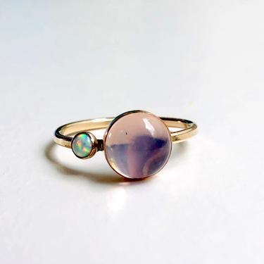 Two Moons Opal Ring in Gold with Lavender Moon Quartz and Tiny White Opal 