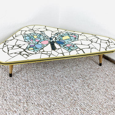 Rare Mosaic Mid Century Butterfly Plant Table Stand Tripod German Kidney Side End Table Tile Boomerang Atomic 