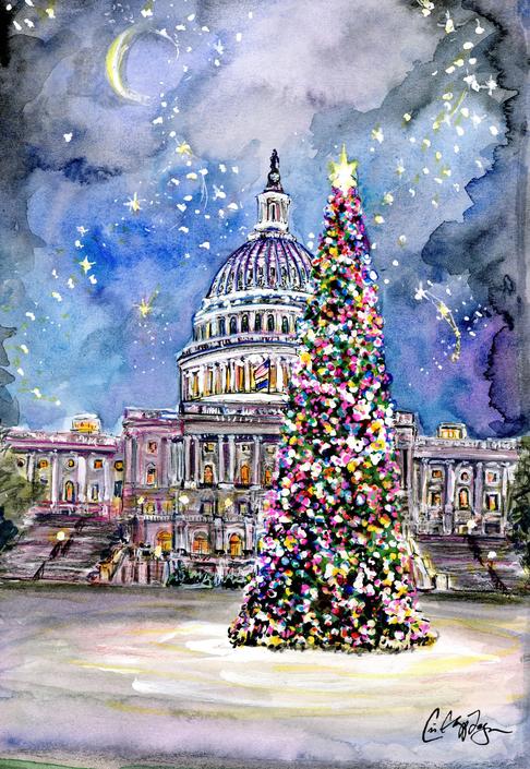 Original mixed Media Washington DC Capitol Christmas Tree Art by Cris Clapp Logan 