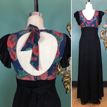 young innocent, vintage maxi dress, 1970s dress, open back, flutter sleeve, mod dress, black floral, arpeja, medium, tie back, plunging, 28 