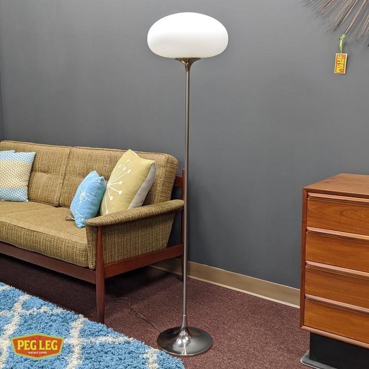 Mid-Century Modern chrome floor lamp with frosted glass globe by Laurel Lamp Co.