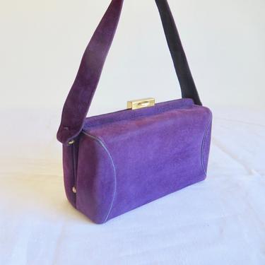 Vintage 1940's Purple Suede Rectangular Box Purse Gold Clasp Hardware Top Handle Rockabilly 40's Handbag 