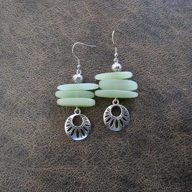 Mint green earrings, silver medallion earrings, African afrocentric earrings, tribal ethnic earrings, bold boho earrings, sea glass earrings 