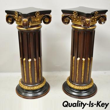 Italian Classical Carved Polychrome Gold Gilt Corinthian Column Pedestals - Pair
