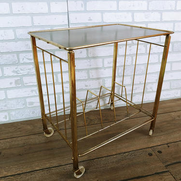 Mid Century Gold and Faux Wood Wire Record Rack Table with Wheels 