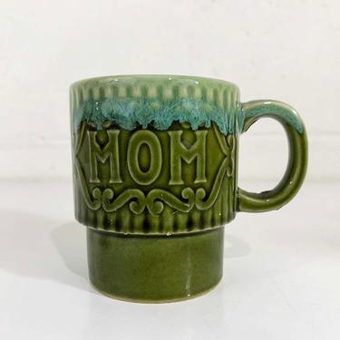 Vintage Ceramic Mom Mug Retro Japan Drip Glaze Green Blue New Parents Baby Shower 1970s 70s Tea Coffee Cup Mother's Day Gift Stacking 