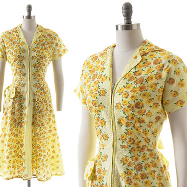 Vintage 1940s Dress | 40s Rose Printed Floral Yellow Cotton Zip Front Fit and Flare Day Dress with Pocket (medium) 