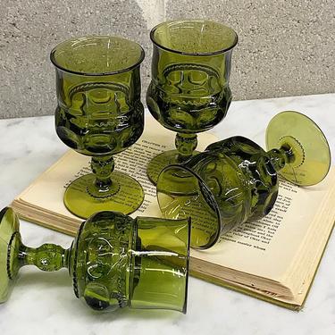 Vintage Wine Glasses Retro 1970s Mid Century Modern + Green + Glass + Set of 4 + Goblets + Circular Design + Kitchen and Barware + Drinking 