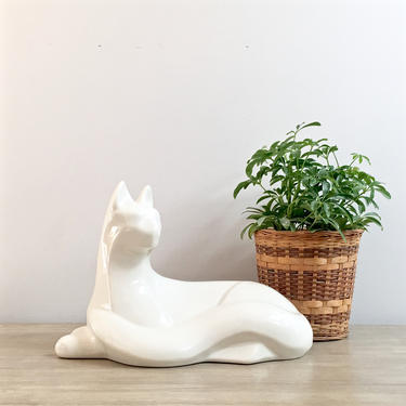 Large Art Pottery Cat Statue Figurine White Haeger Reclining Cat Boho Decor 