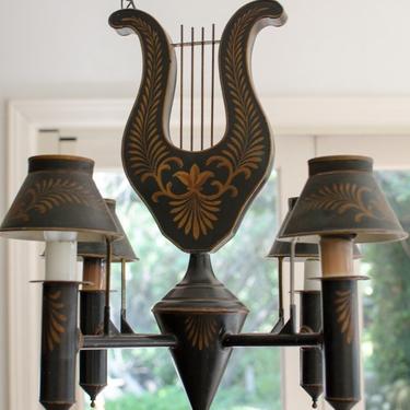 Rare Antique French Tole Peinte Gilt Trimmed Hanging Ceiling Chandelier Lighting 