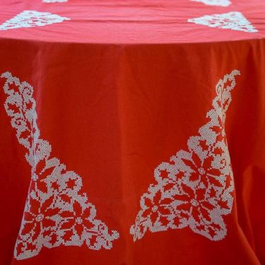 Vintage Rectangle Red Needlepoint Tablecloth 