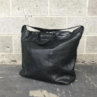 Vintage Overnight Bag Retro 1990s Genuine Leather + Black + XL Size + Made in Italy + Adjustable Strap + Handles + Weekender + Travel Bag 