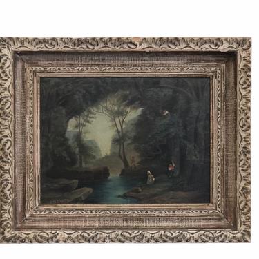 Vintage Framed Signed Original Artwork - Swimming Hole Pond Landscape - Fishing Children Quaint Country Living Scene Painting Wall Decor 