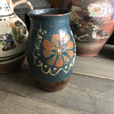 19th C Floral Pottery Jug, Pitcher, Terra Cotta, Glazed Pottery, Rustic European Farmhouse, Farm Table 