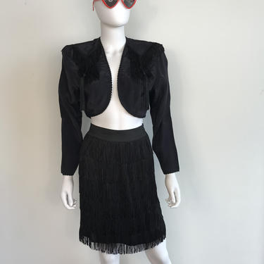 Vtg 80s 90s Black fringe cropped jacket skirt 2 piece set outfit SM 