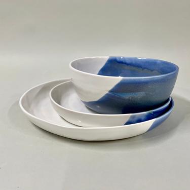 The Dinnerware Set - White/Blue (ceramic, handmade, plates, bowl, tableware) 