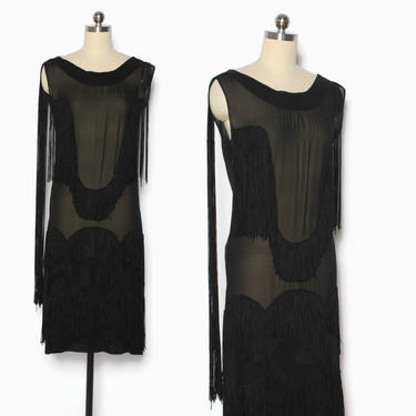 Vintage 20s Silk Fringe Dress / 1920s Black Flapper Fringed Party Dress 