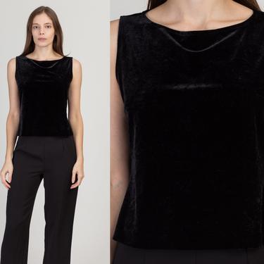 90s Black Velvet Tank Top - Large | Vintage Minimalist Sleeveless Cropped Shirt 