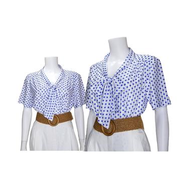 Vintage Polka Dot Blouse, Large / 1970s Blue Polka Dot Button Blouse / Pinup Style Pussybow Blouse / 1940s Style Semi Sheer Summer Blouse 