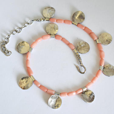 Unusual 70's sterling pink coral boho ankle bracelet, hammered 925 silver abstract sand dollars &amp; coral tubes beachy hippie anklet 