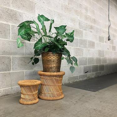 LOCAL PICKUP ONLY Vintage Bamboo Plant Stands Retro 1970's Tan Woven Rope Set of 2 Matching Round Risers Bohemian Decor 