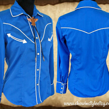 Vintage Retro Women's Cowgirl Western Shirt, Rodeo Queen Blouse, Royal Blue with White Piping, Long Sleeves, XSmall (see meas. photo) 